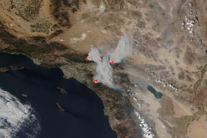 NASA satellite image from September 10, 2024 showing smoke from the Bridge, Line and Airport fires, with the Airport Fire the southernmost of the three